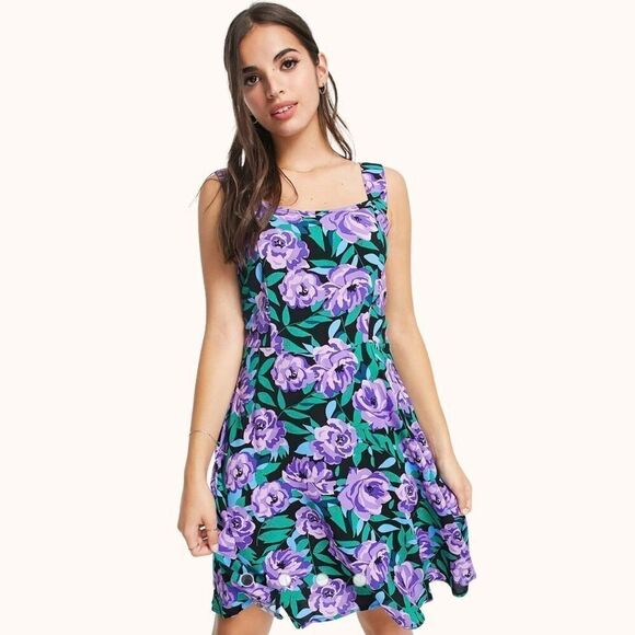 NWT JDY ASOS Square Neck Retro Purple Floral Print Skater Mini Dress Size 6 - Picture 1 of 7